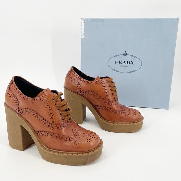 Prada Terracotta Leather Brogue Lace Up Chunky Platform Block Heel Shoes IT 39.5 - Picture 1 of 13